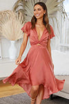 Sienna | Women's Satin Wrap Midi Dress with Flutter Sleeves