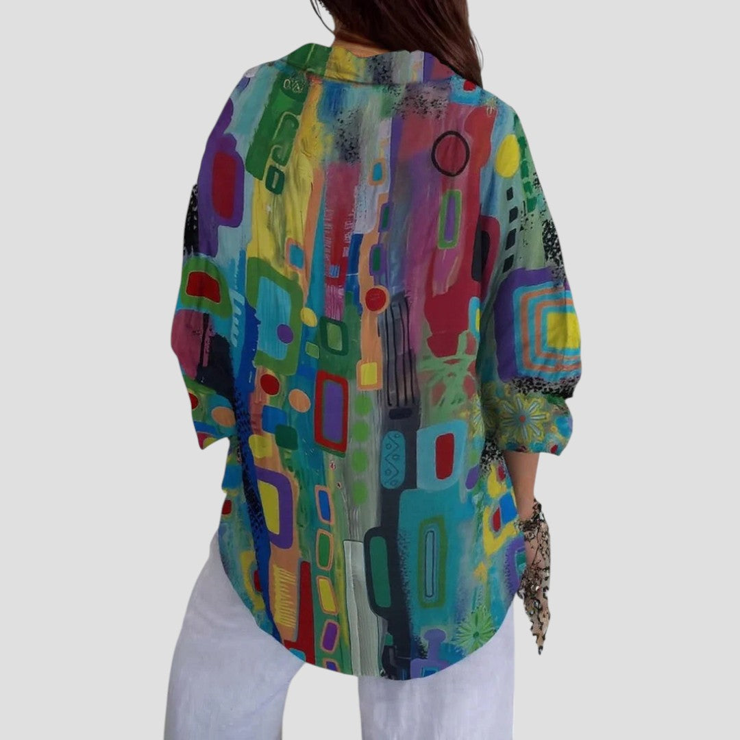 Marjorie | Women’s Geometric Pattern Blouse with Graceful Drape