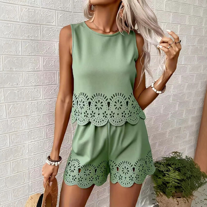 Amelia Rafferty | Eyelet Scallop Crop Tank &amp; Shorts Set For Women — Butter Yellow