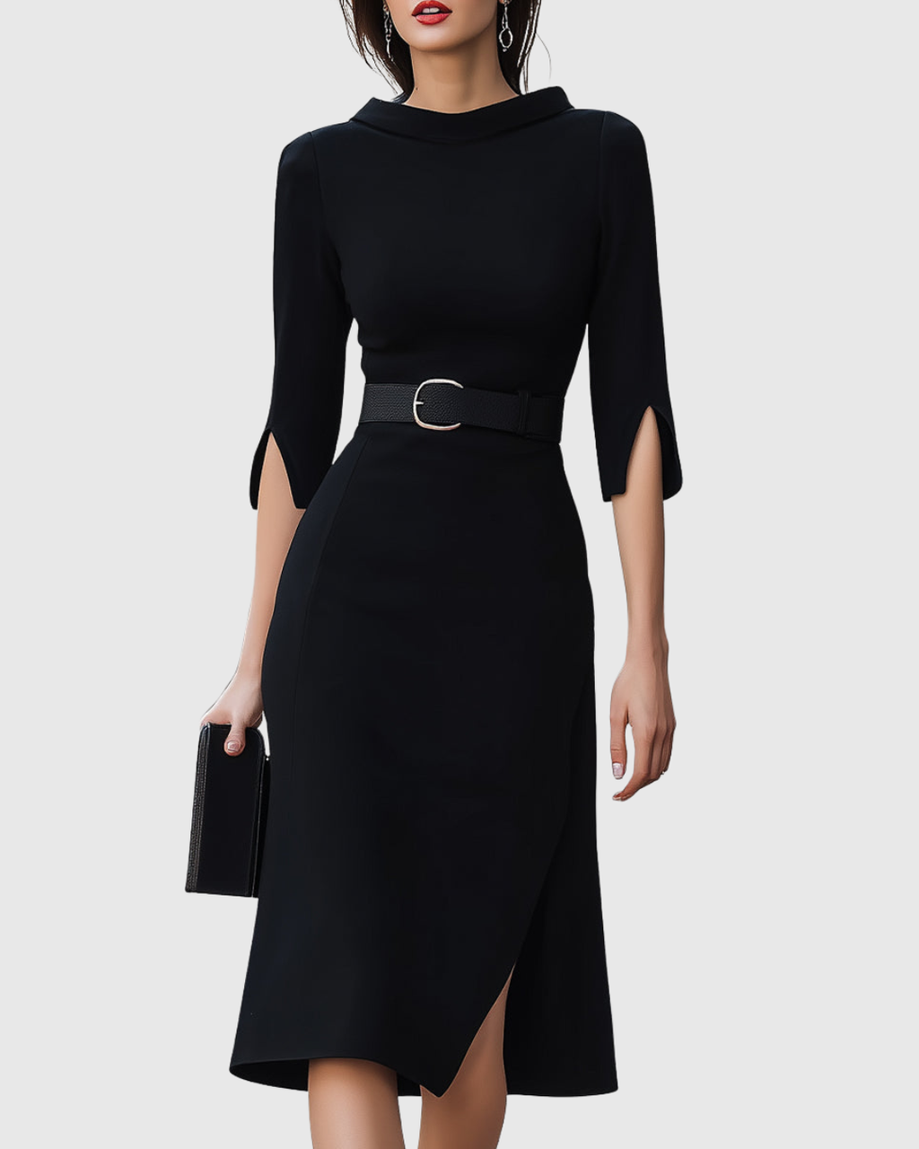 Harper | Women’s Belted Midi Dress with Split Sleeves