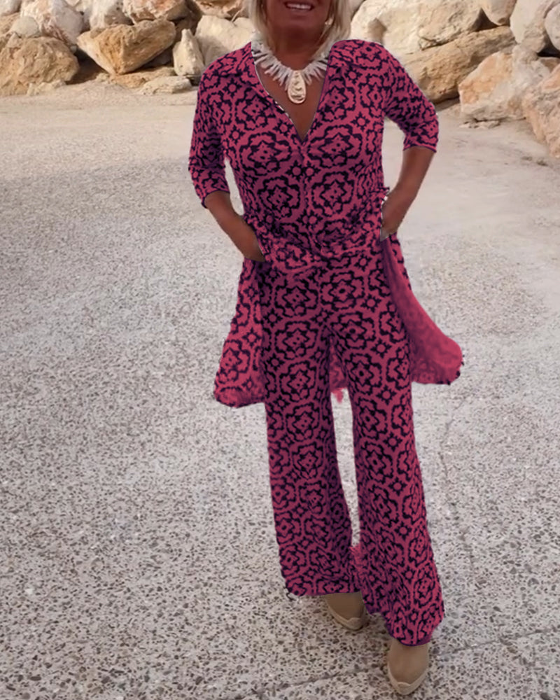 Livia | Women’s Printed Two-Piece Set with V-Neck Blouse