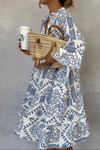 Sofia | Women's Boho Midi Dress Long Sleeve V-Neck Blue Print Tiered