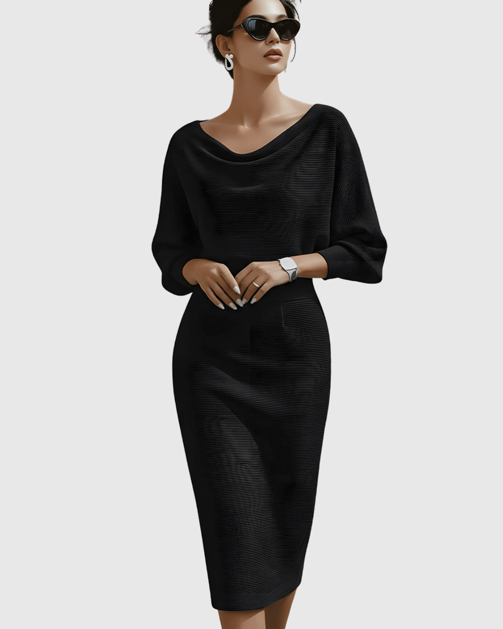 Celeste | Women’s Cowl Neck Midi Dress with Batwing