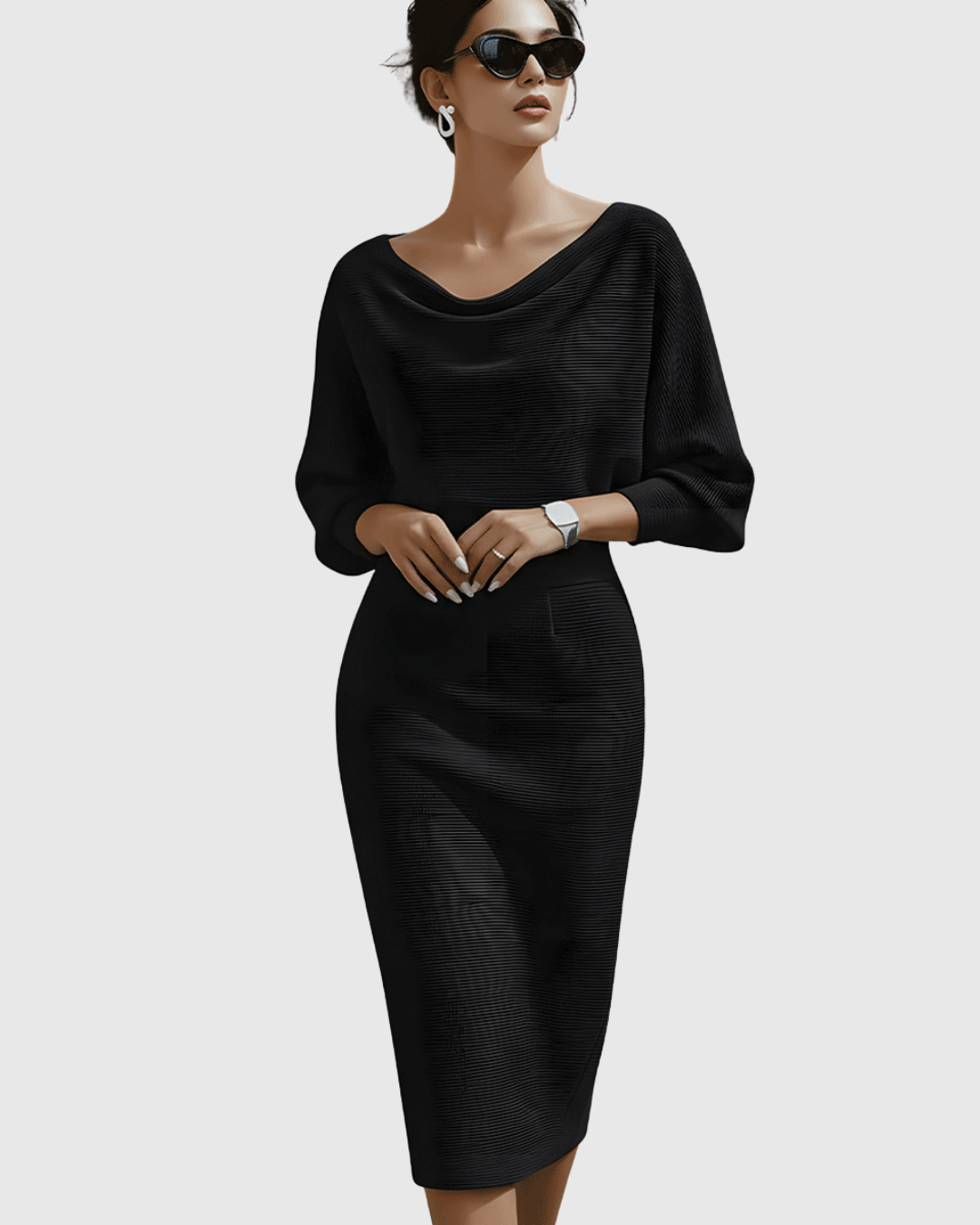 Celeste | Women’s Cowl Neck Midi Dress with Batwing