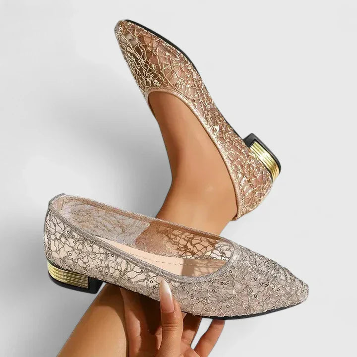 Celeste |  Women’s Lace Pointed Flats with Gold Heel