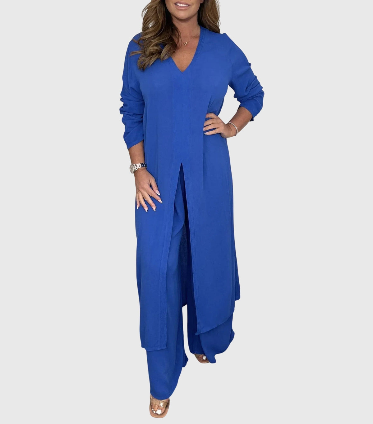 Serena | Women’s Longline Cardigan Set with Wide-Leg Trousers