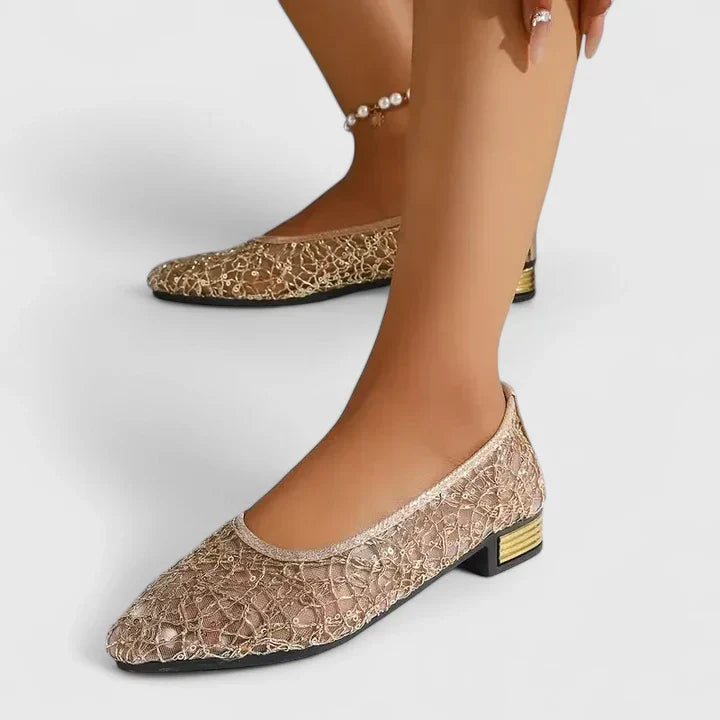 Celeste |  Women’s Lace Pointed Flats with Gold Heel