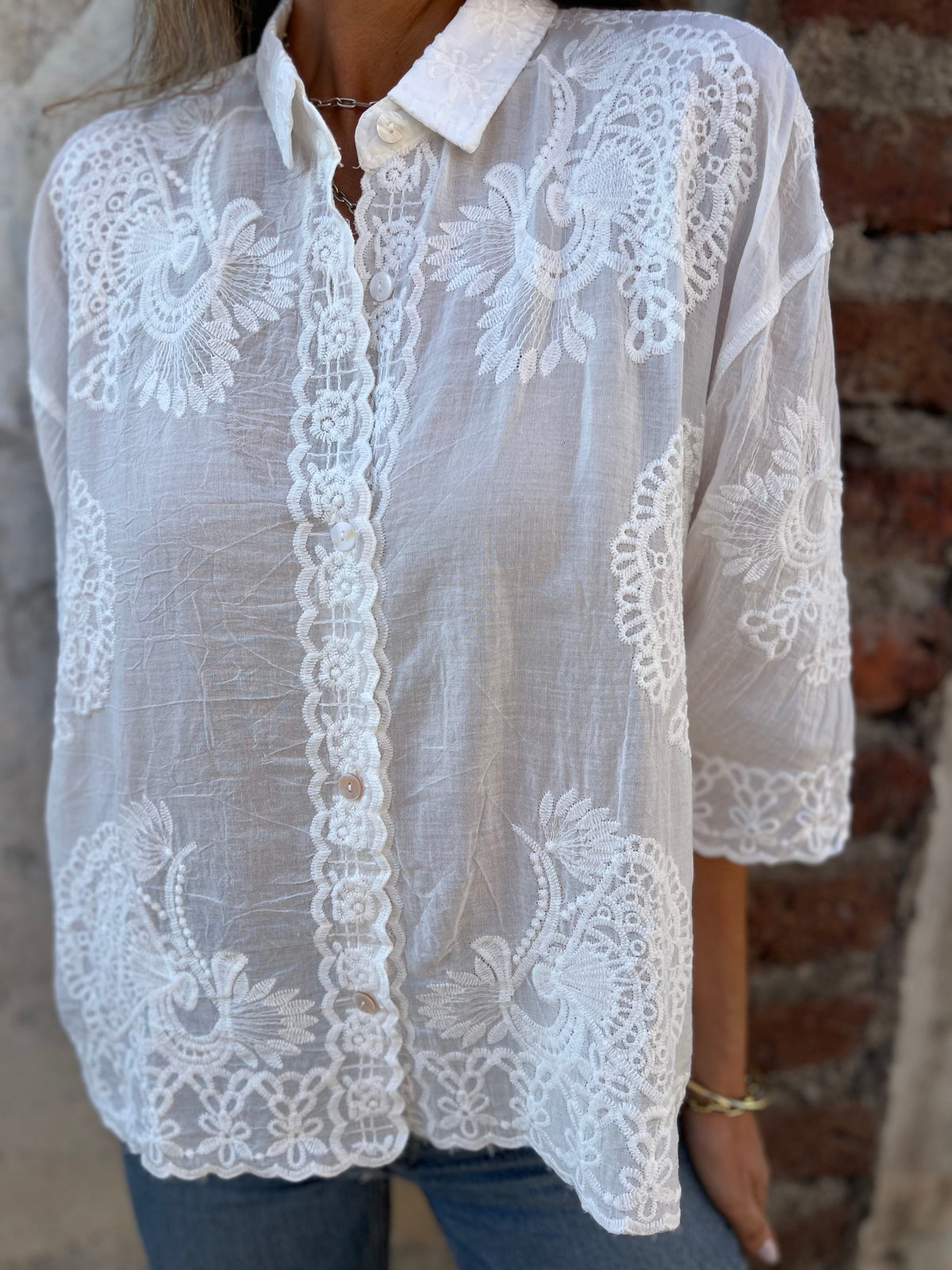 Audette - Women’s Lace Blouse with Embroidered Panels