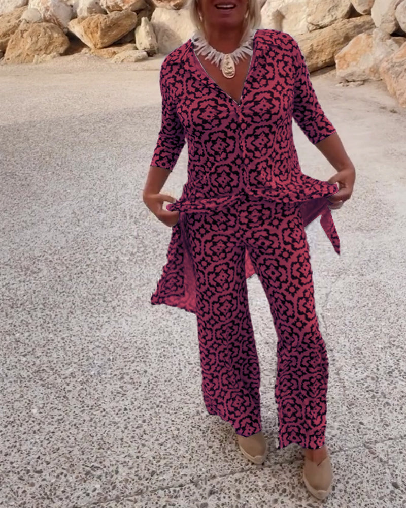 Livia | Women’s Printed Two-Piece Set with V-Neck Blouse