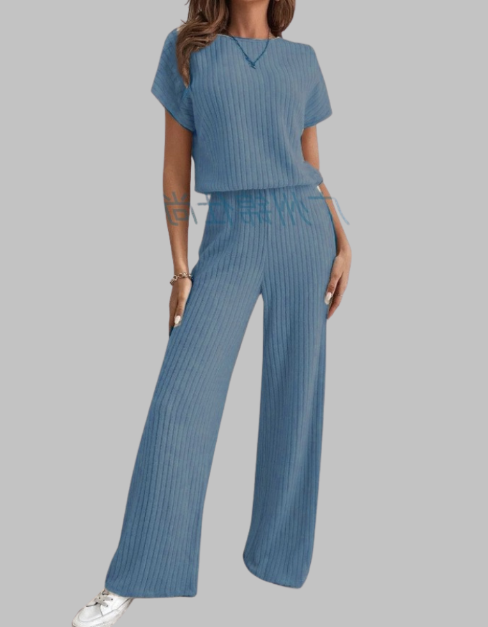 Nora | Women's Ribbed Short Sleeve Top and Wide Leg Pants Set