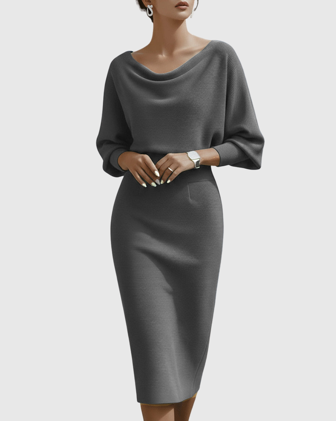 Celeste | Women’s Cowl Neck Midi Dress with Batwing