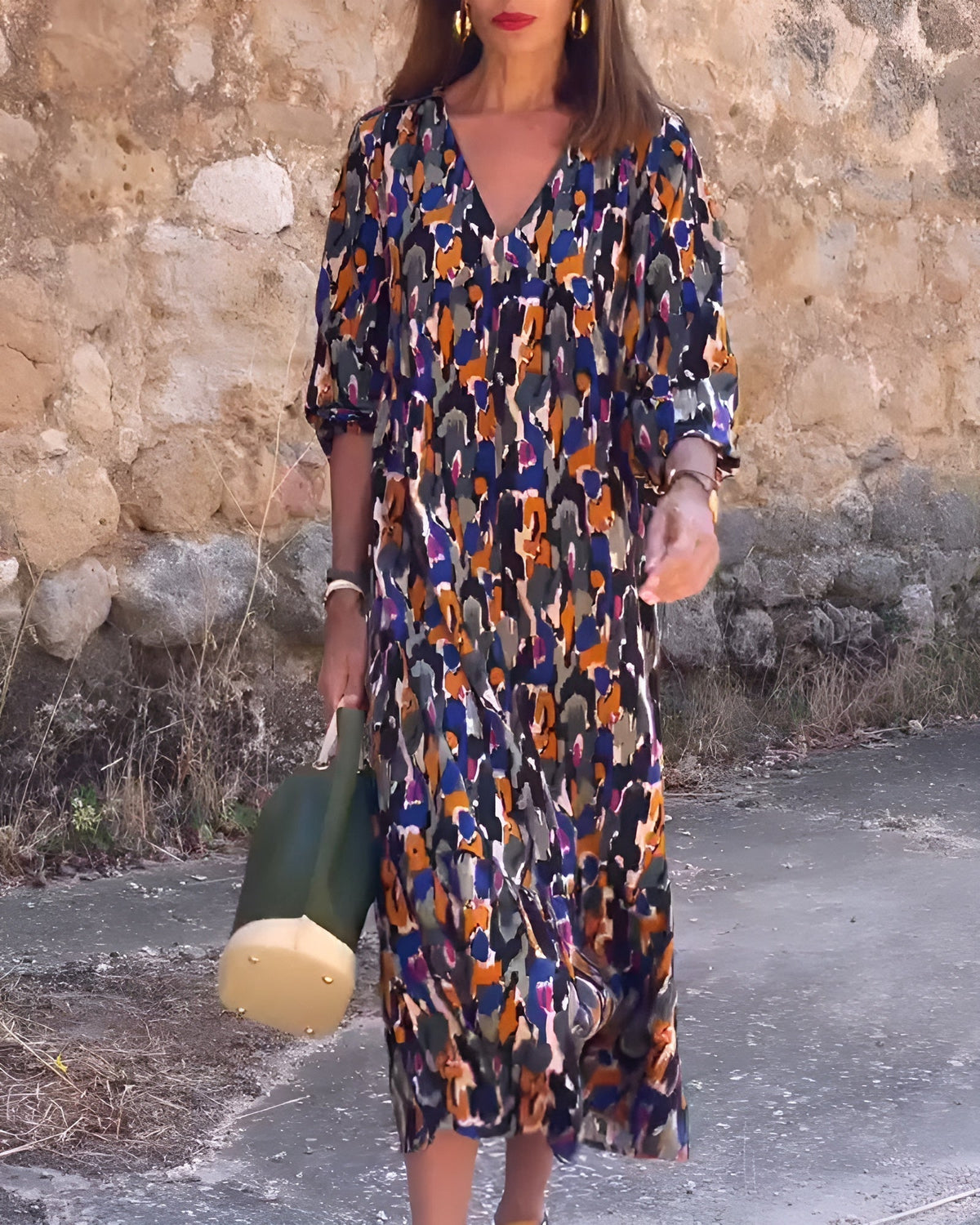 Nathalie | Women’s Retro Print V-Neck Dress with Comfort