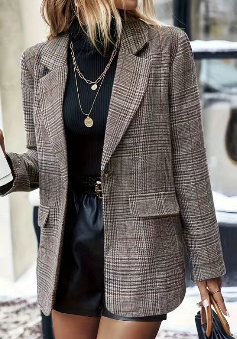 Molly Gordon | Plaid Single-Button Blazer Jacket For Women