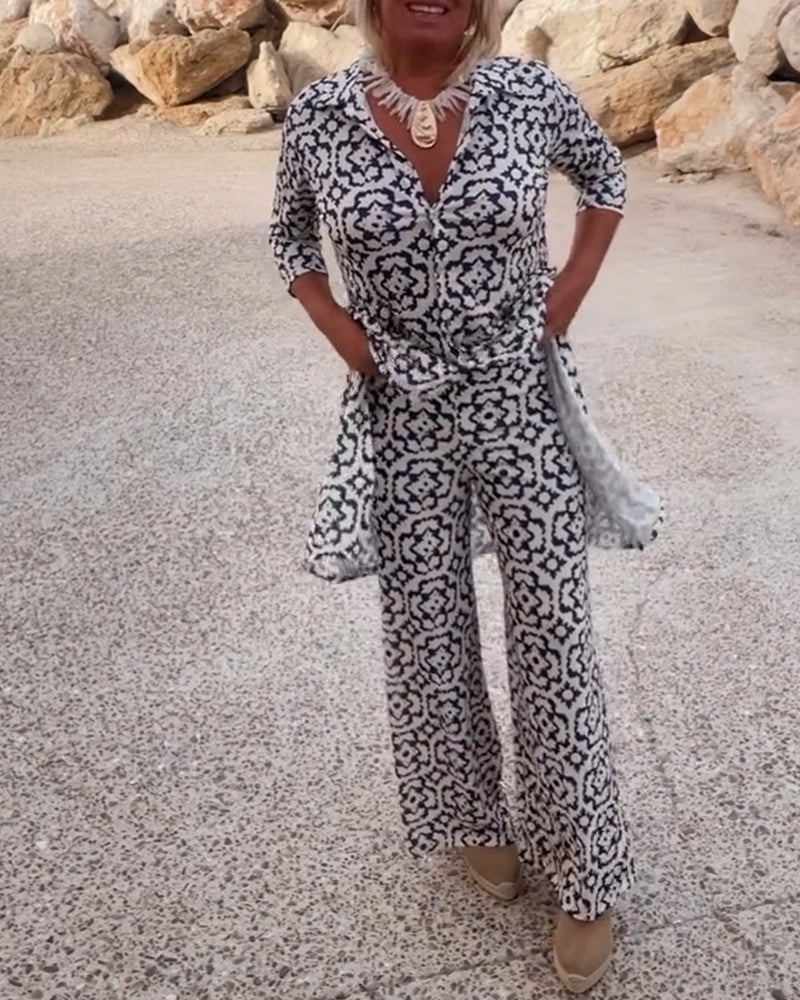 Livia | Women’s Printed Two-Piece Set with V-Neck Blouse