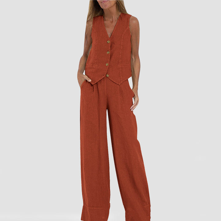 Emma Sheridan | Linen Vest &amp; Wide-Leg Pants Set For Women
