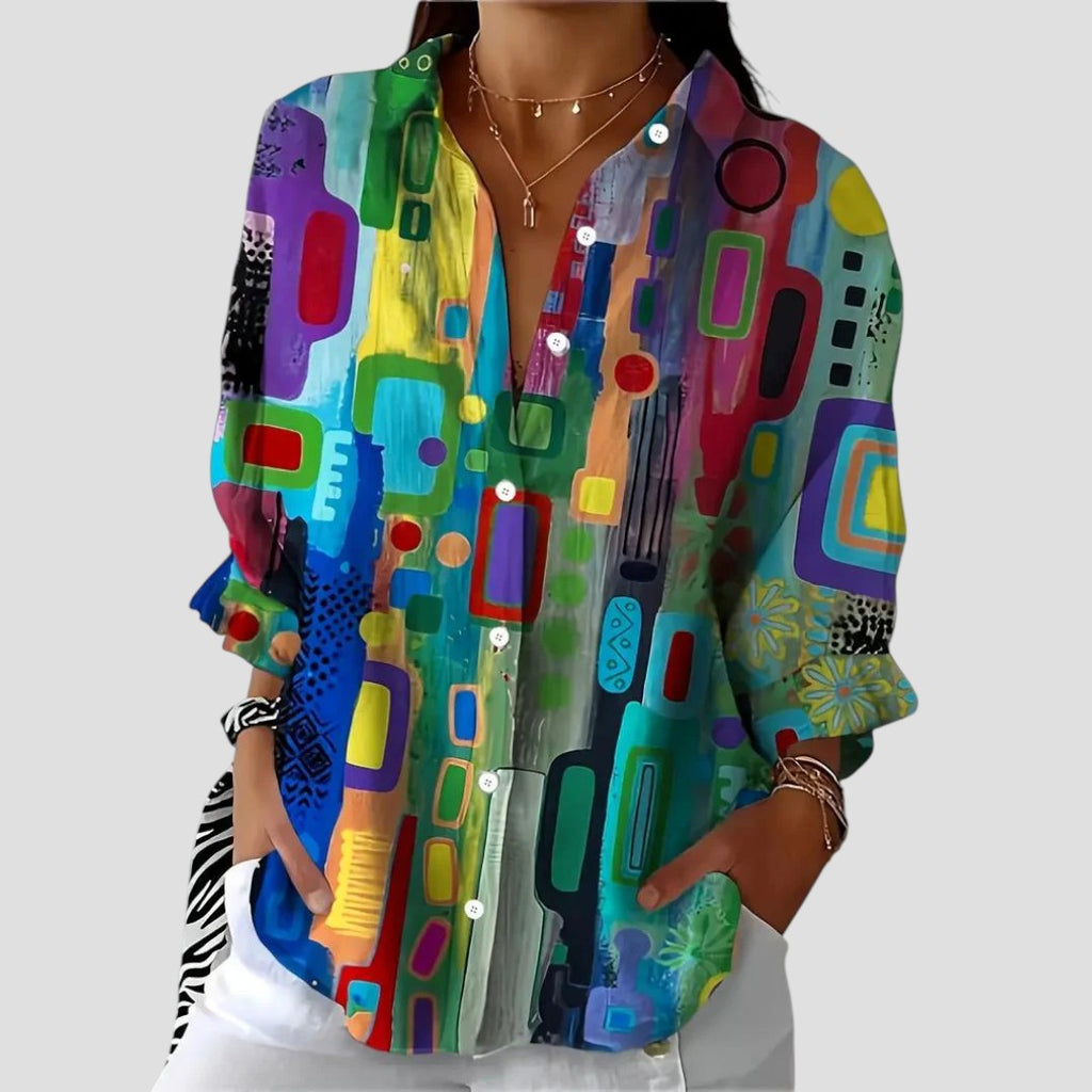 Marjorie | Women’s Geometric Pattern Blouse with Graceful Drape