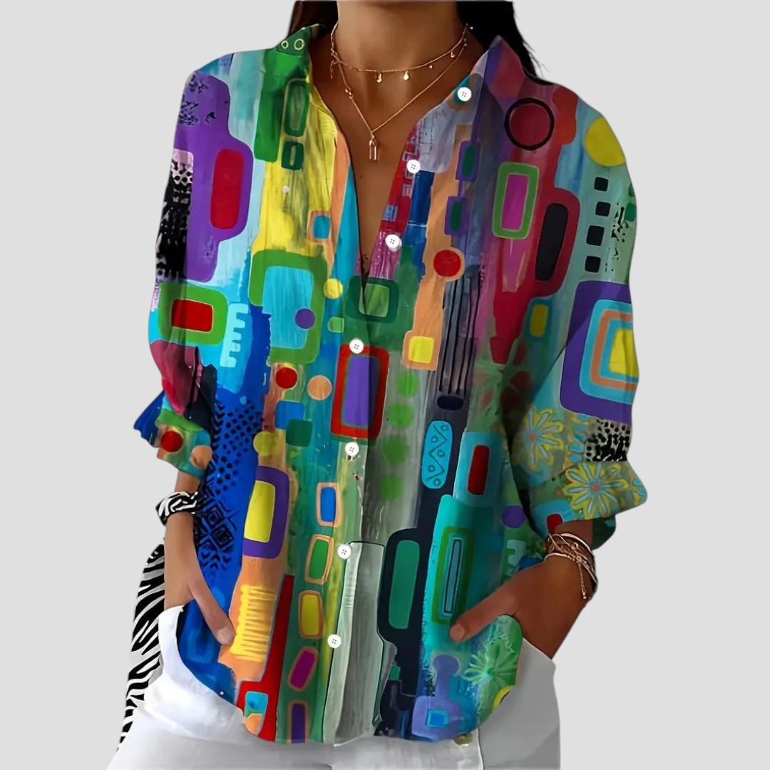 Marjorie | Women’s Geometric Pattern Blouse with Graceful Drape