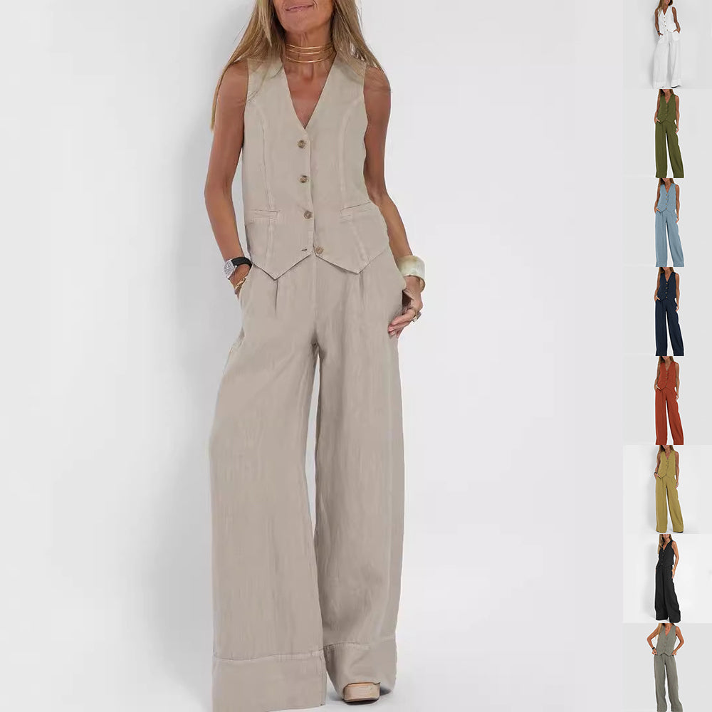 Emma Sheridan | Linen Vest &amp; Wide-Leg Pants Set For Women