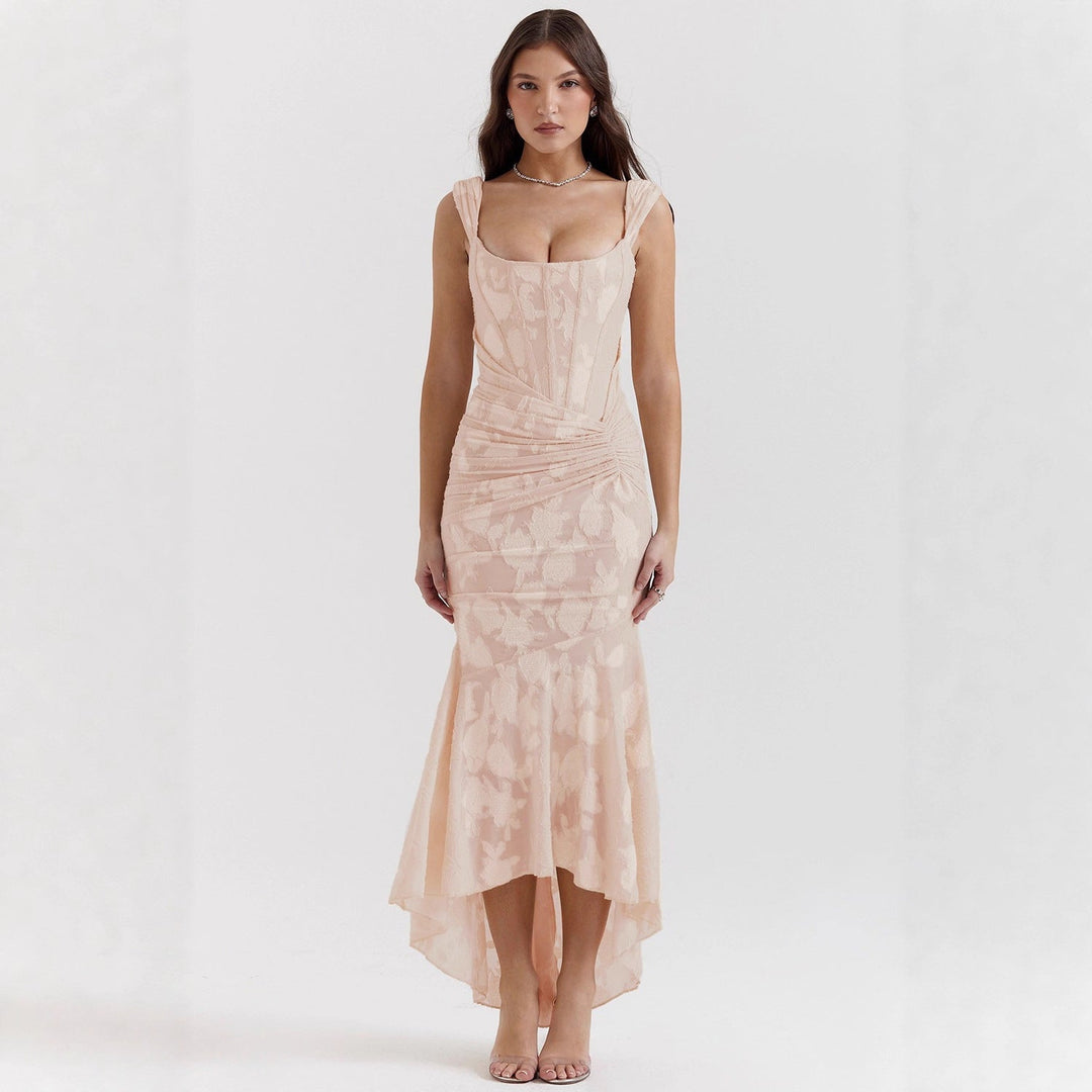 Square Neck Corset Fishtail Maxi Dress in Floral Jacquard