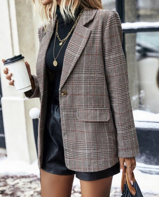 Molly Gordon | Plaid Single-Button Blazer Jacket For Women