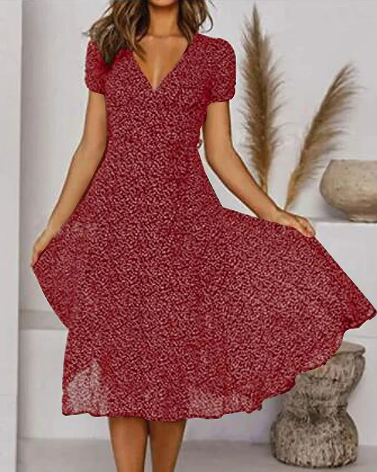 Aurora | Women’s V-Neck Puff-Sleeve Midi Dress with Flair