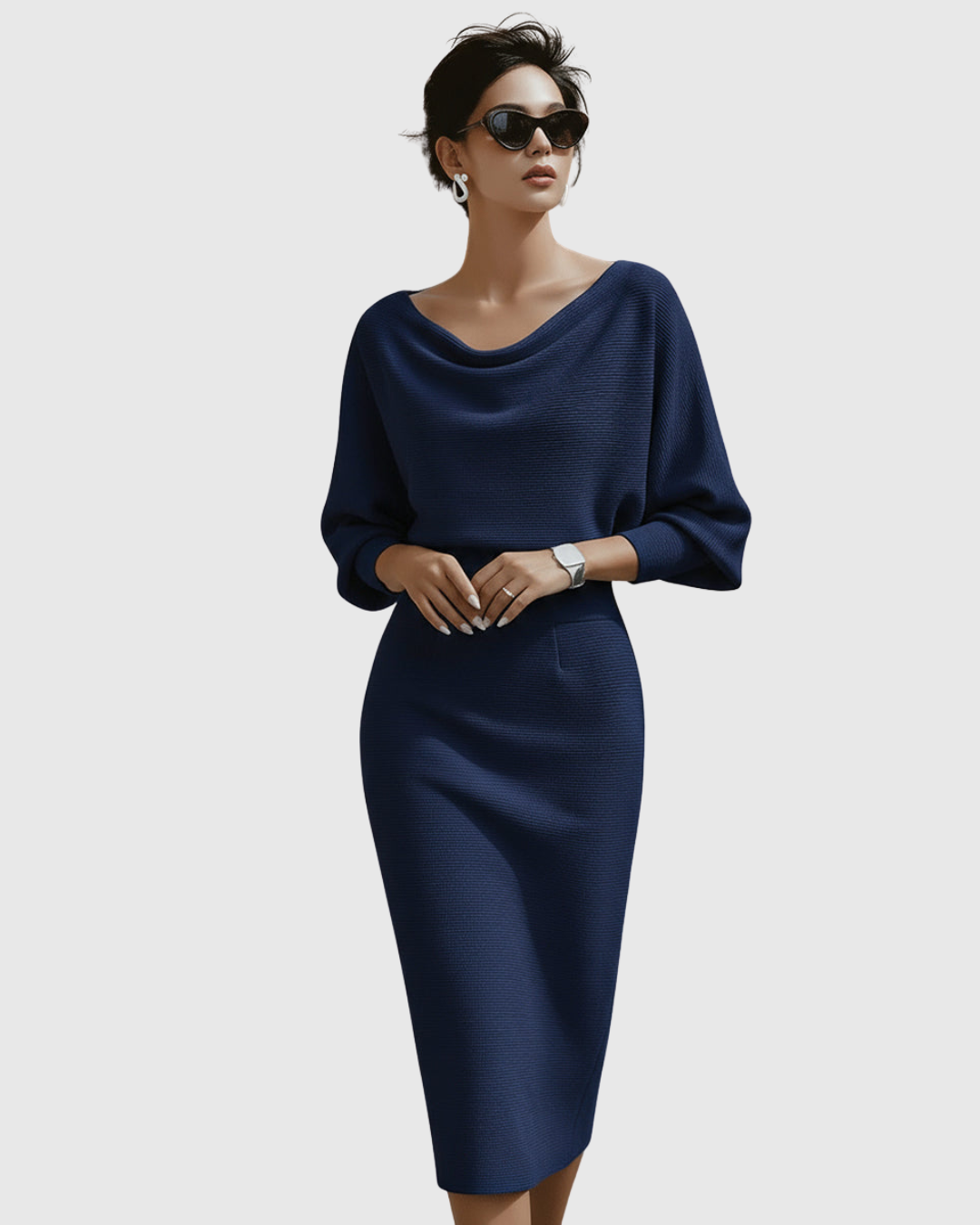 Celeste | Women’s Cowl Neck Midi Dress with Batwing