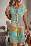 Lucille | Women's Geometric Print Midi Dress Short Sleeve Button-Front Casual Dress