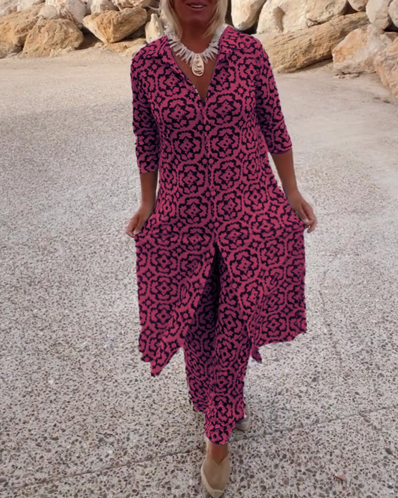 Livia | Women’s Printed Two-Piece Set with V-Neck Blouse