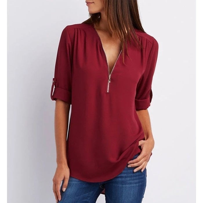 Sophie | Women’s Zip V-Neck Blouse with Rolled Sleeves