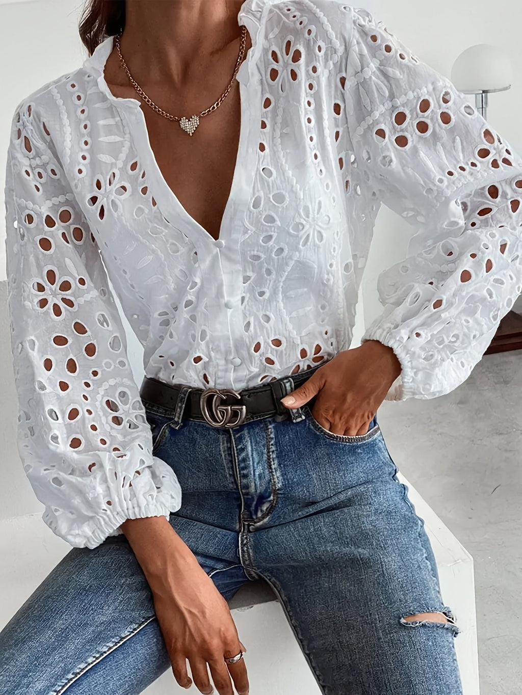 Elise | Women’s Long-Sleeve Blouse with Embroidered Detail