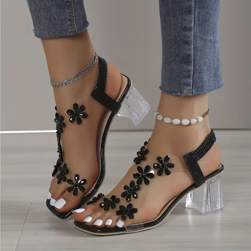 Frieda | Women’s Flower Rhinestone Sandals with Block Heel