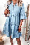 Luna | Women's Denim Ruffle Mini Dress Button-Up V-Neck