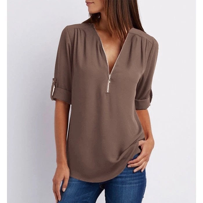 Sophie | Women’s Zip V-Neck Blouse with Rolled Sleeves