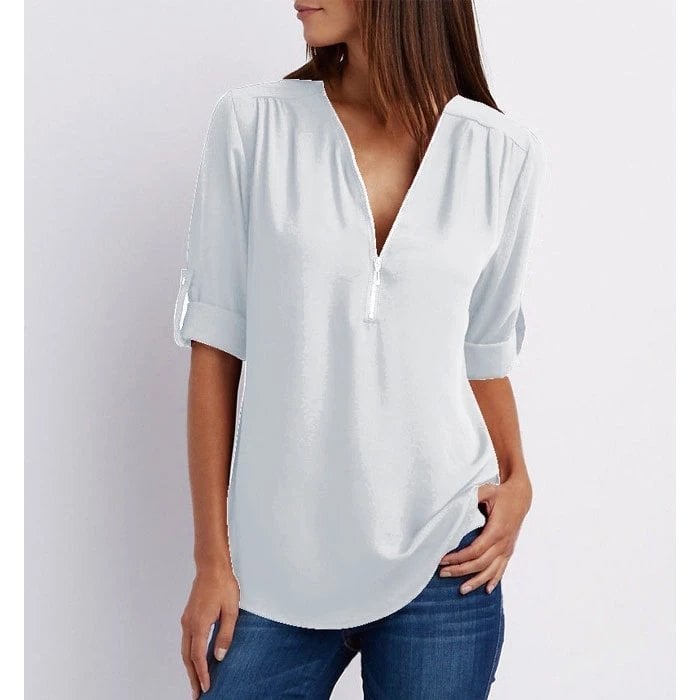 Sophie | Women’s Zip V-Neck Blouse with Rolled Sleeves