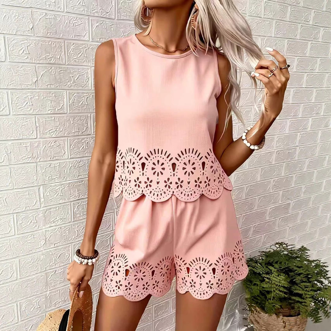 Amelia Rafferty | Eyelet Scallop Crop Tank &amp; Shorts Set For Women — Butter Yellow