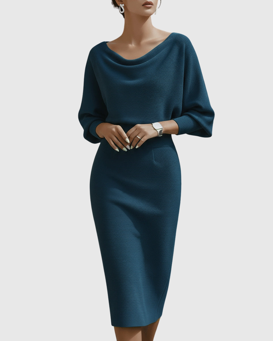 Celeste | Women’s Cowl Neck Midi Dress with Batwing