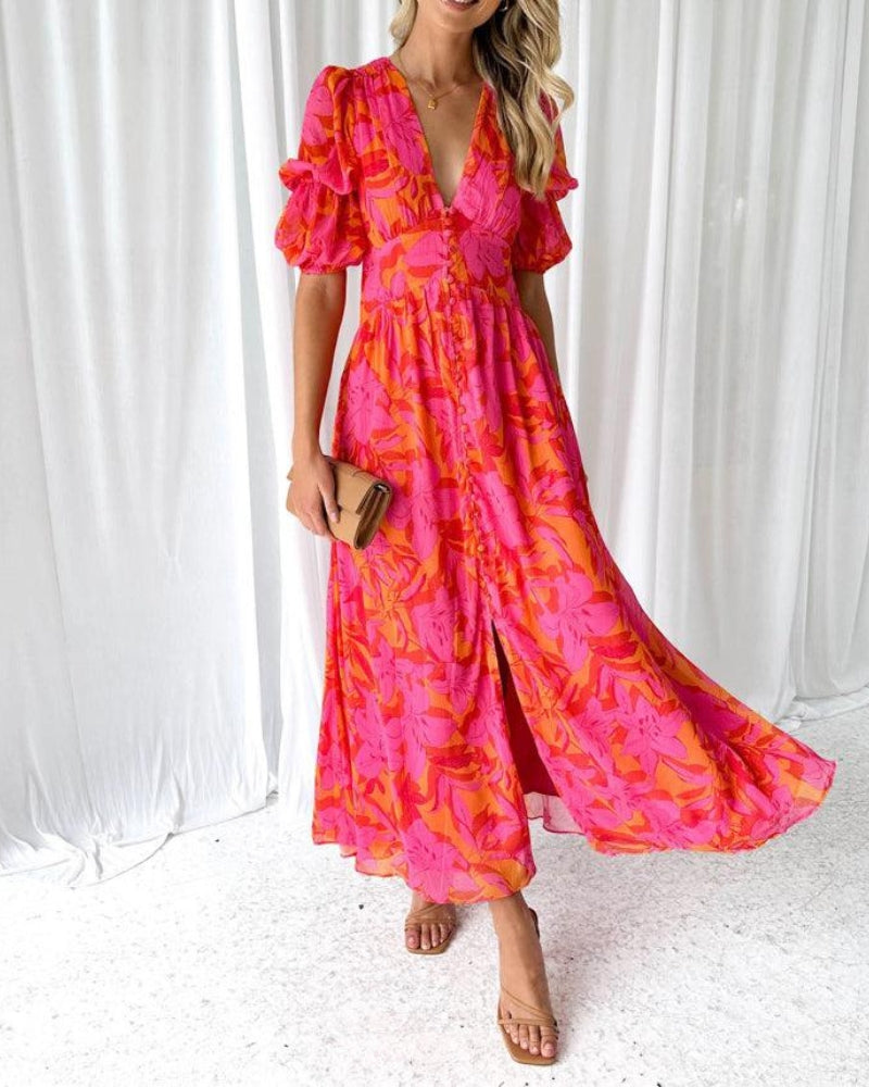 Clara | Women’s V-Neck Maxi Dress with Puff Sleeves