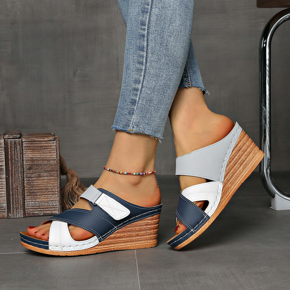 Marina | Women’s Colourblock Wedge Slides with Cushioned Sole