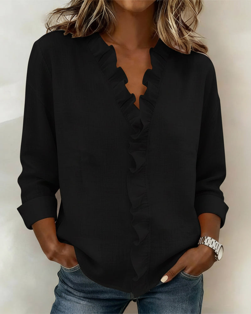 Elise | Women’s Ruffle V-Neck Blouse with Button Front