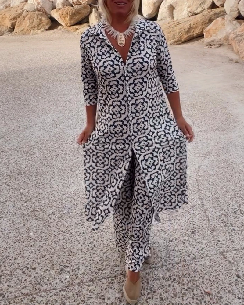 Livia | Women’s Printed Two-Piece Set with V-Neck Blouse