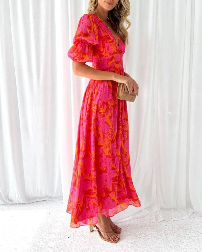 Clara | Women’s V-Neck Maxi Dress with Puff Sleeves
