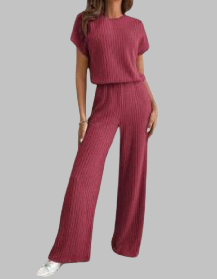 Nora | Women's Ribbed Short Sleeve Top and Wide Leg Pants Set