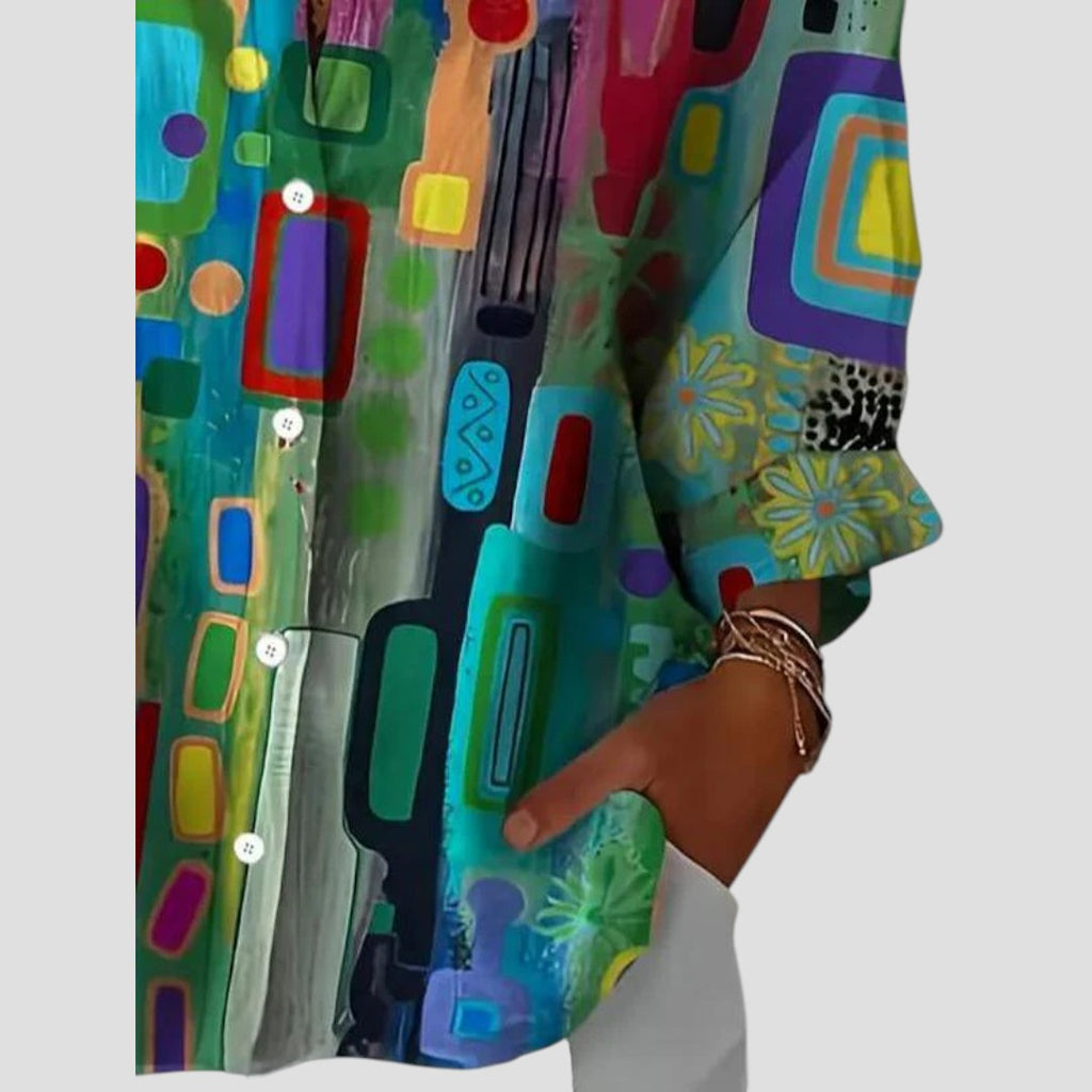 Marjorie | Women’s Geometric Pattern Blouse with Graceful Drape