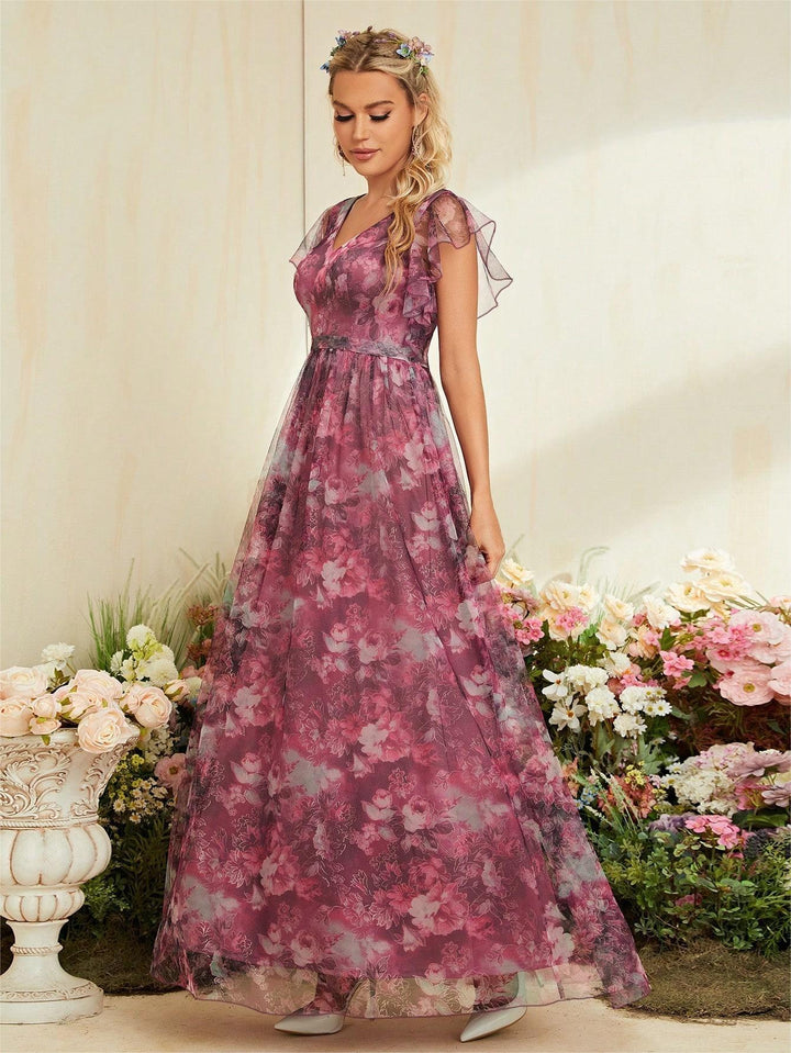 Isabella Reeves | Floral Graduation Dress With Tulle Overlay For Women