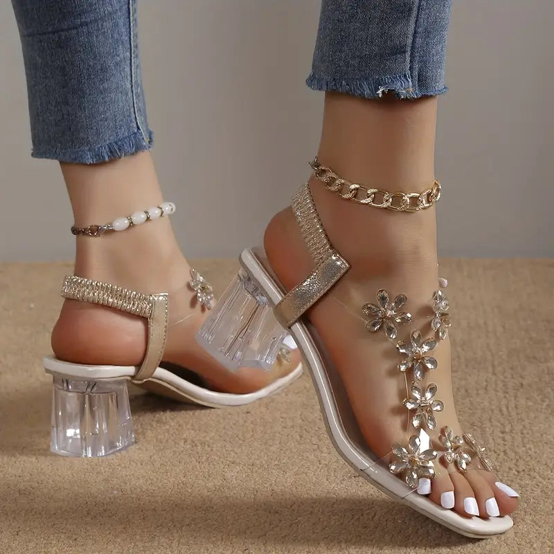 Frieda | Women’s Flower Rhinestone Sandals with Block Heel