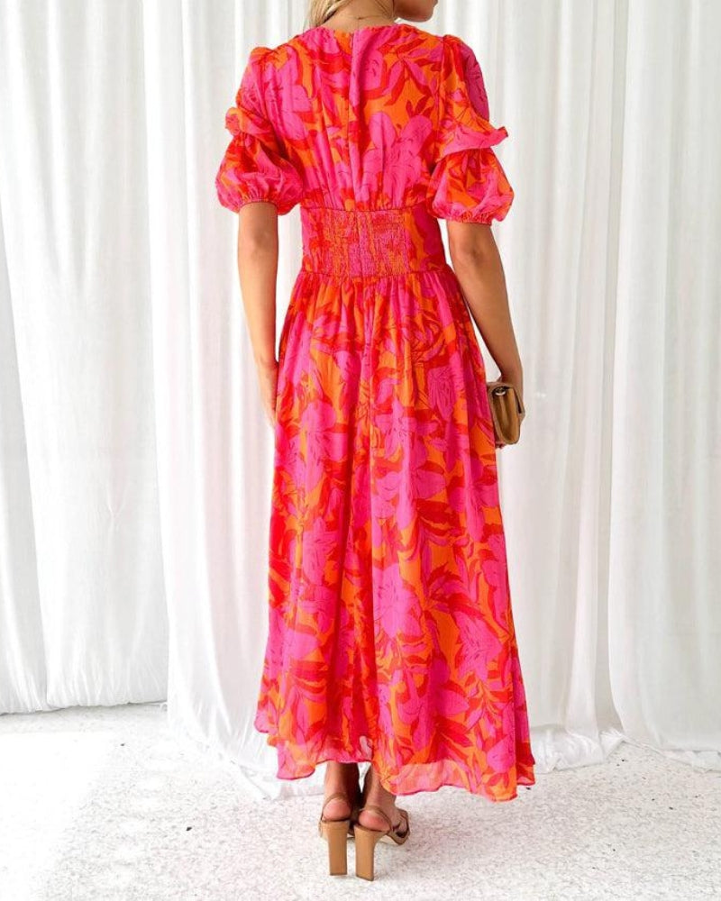 Clara | Women’s V-Neck Maxi Dress with Puff Sleeves