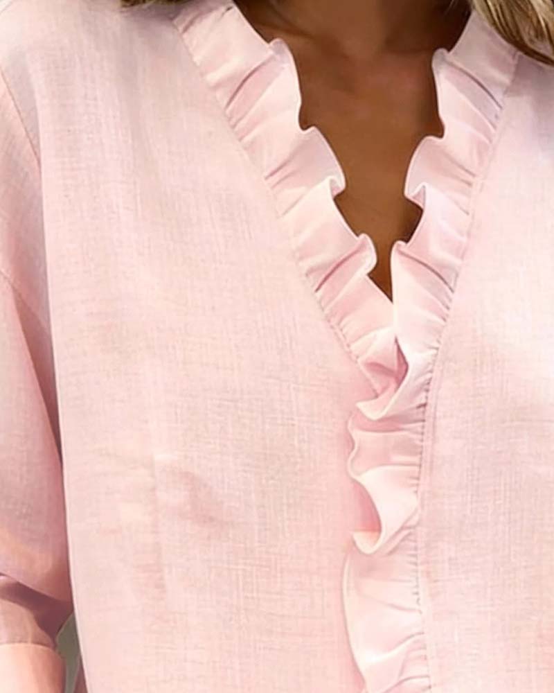 Elise | Women’s Ruffle V-Neck Blouse with Button Front