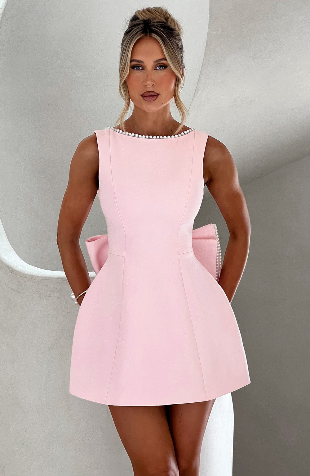 Alura | Women’s Pearl Trim Dress with Back Bow