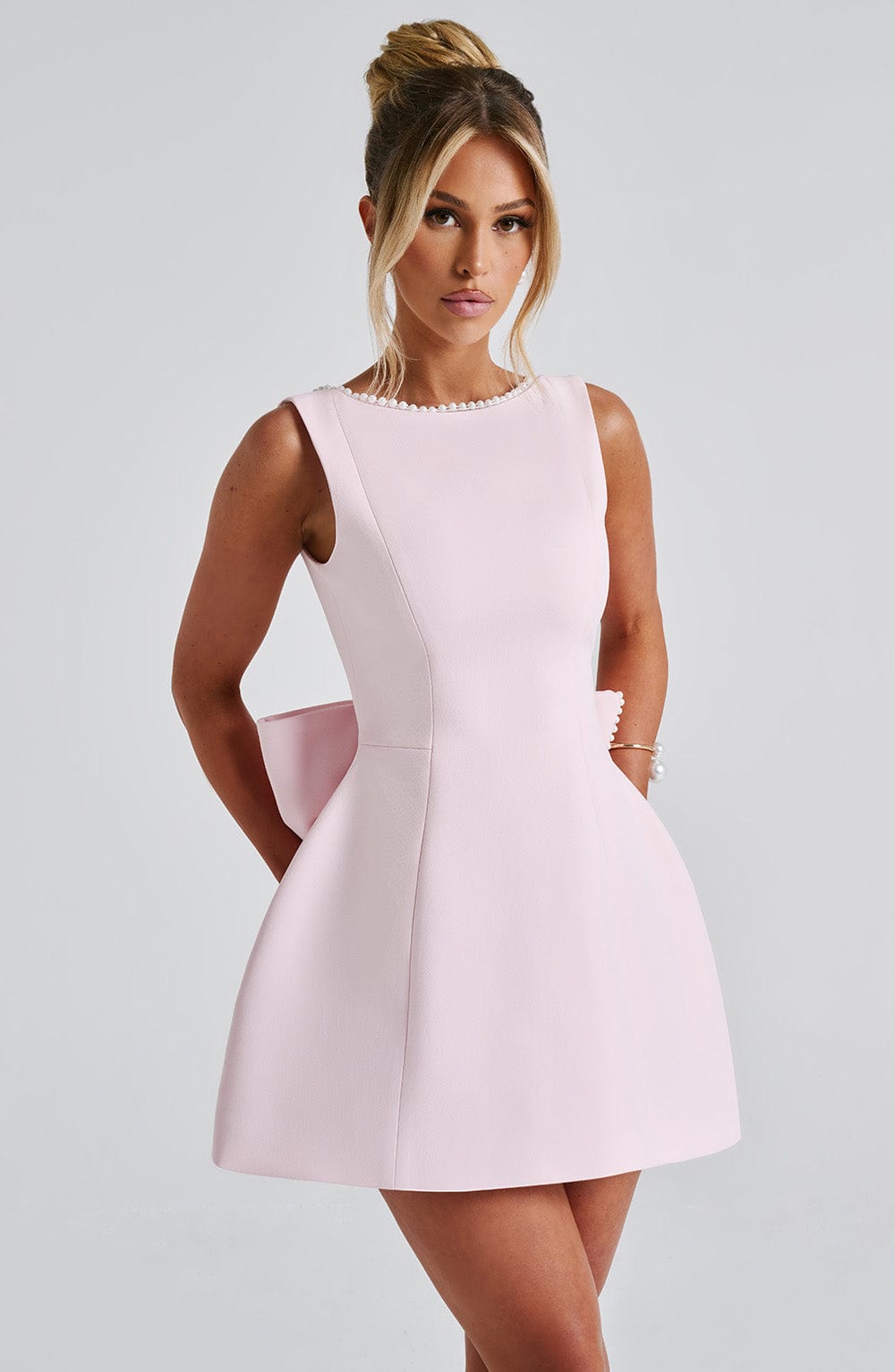 Alura | Women’s Pearl Trim Dress with Back Bow