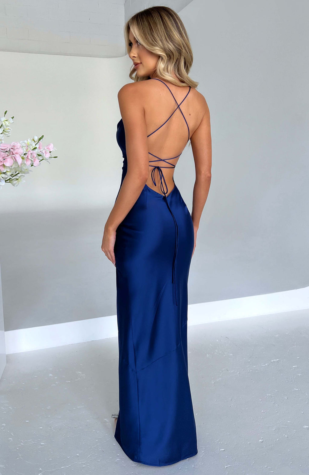 Elise Harrington | Navy Satin Maxi Cocktail Dress For Women